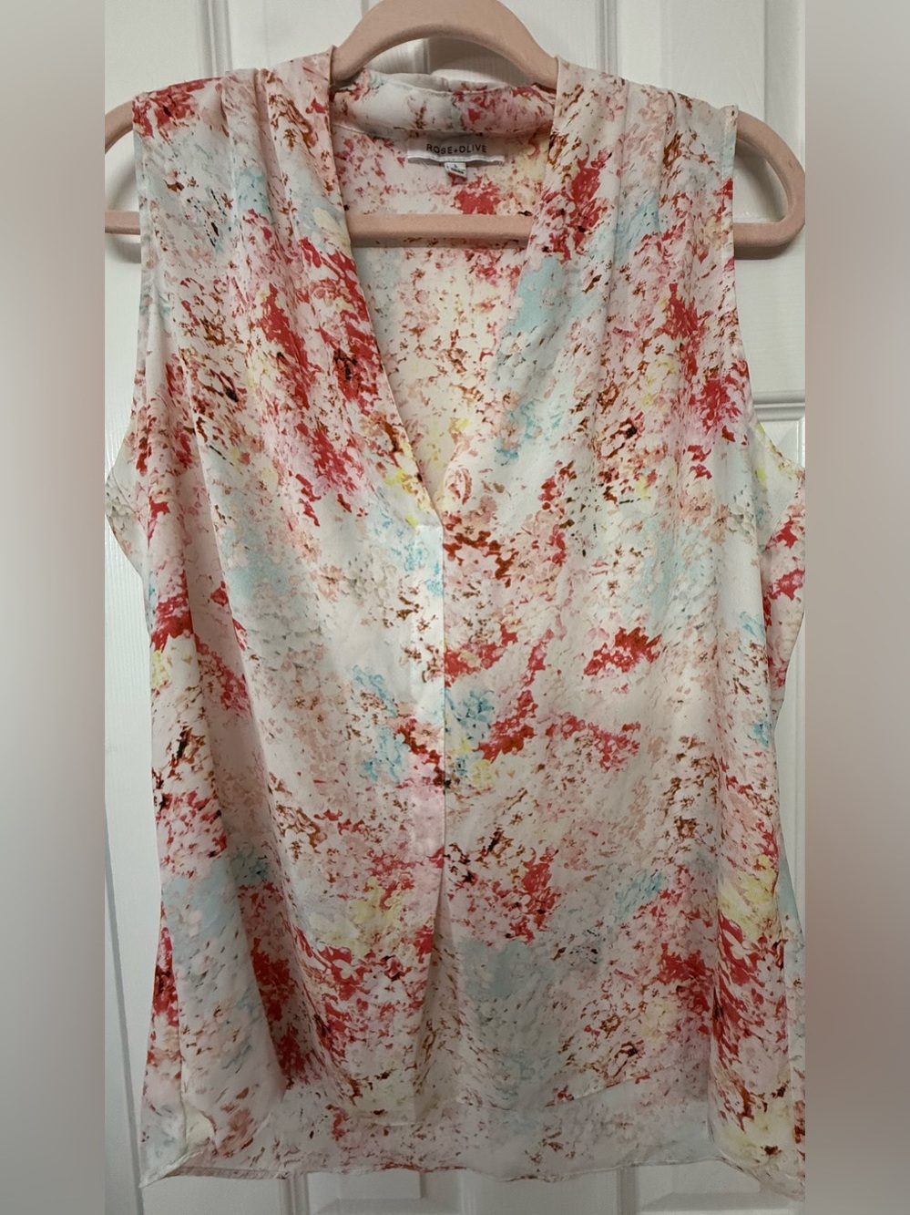 Rose & Olive Painterly V-Neck Sleeveless Top- White w! Red, pink & Blue Accents